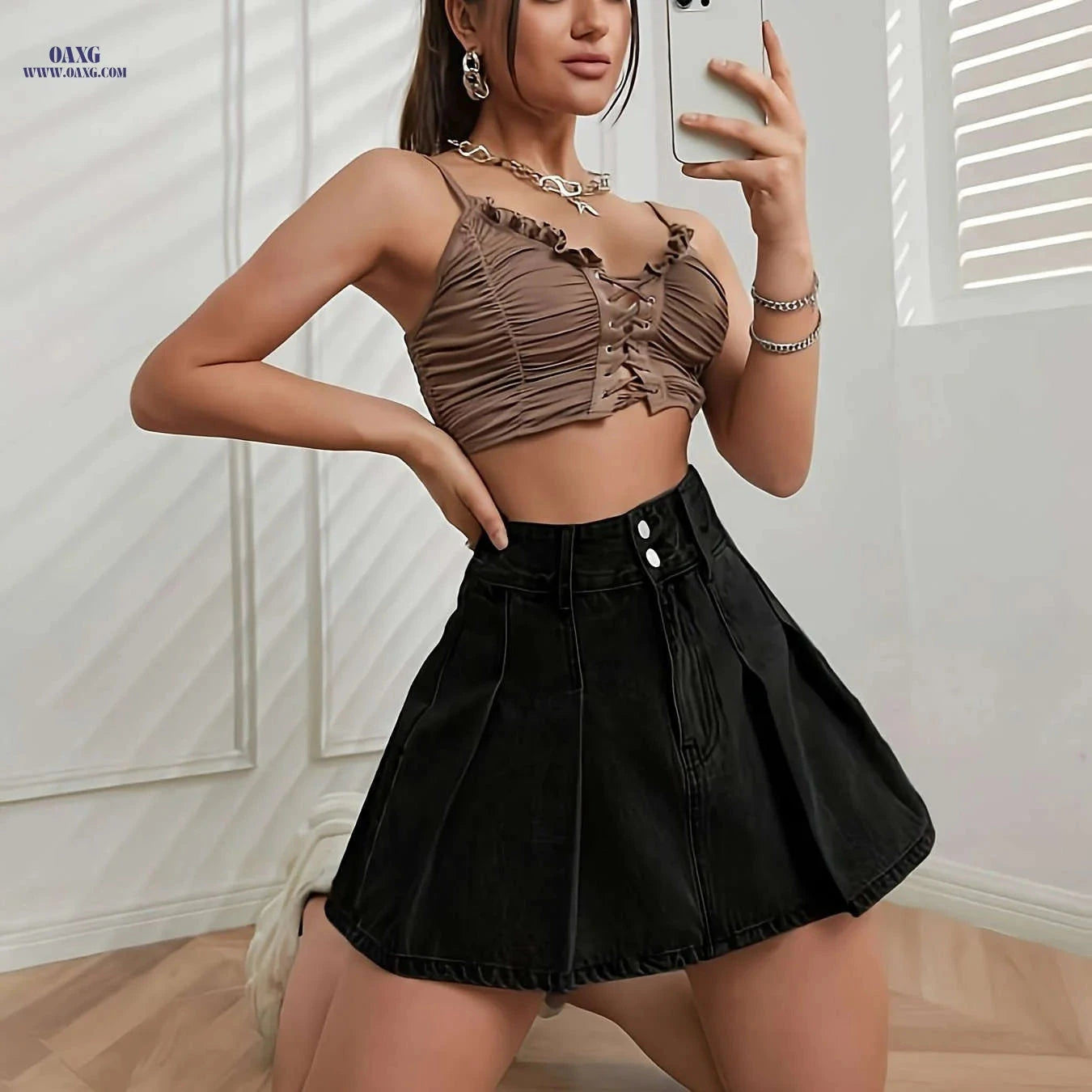 Elegant Denim Pleated Mini Skirt - Perfect for Spring and Summer   OAXG Light Blue / M