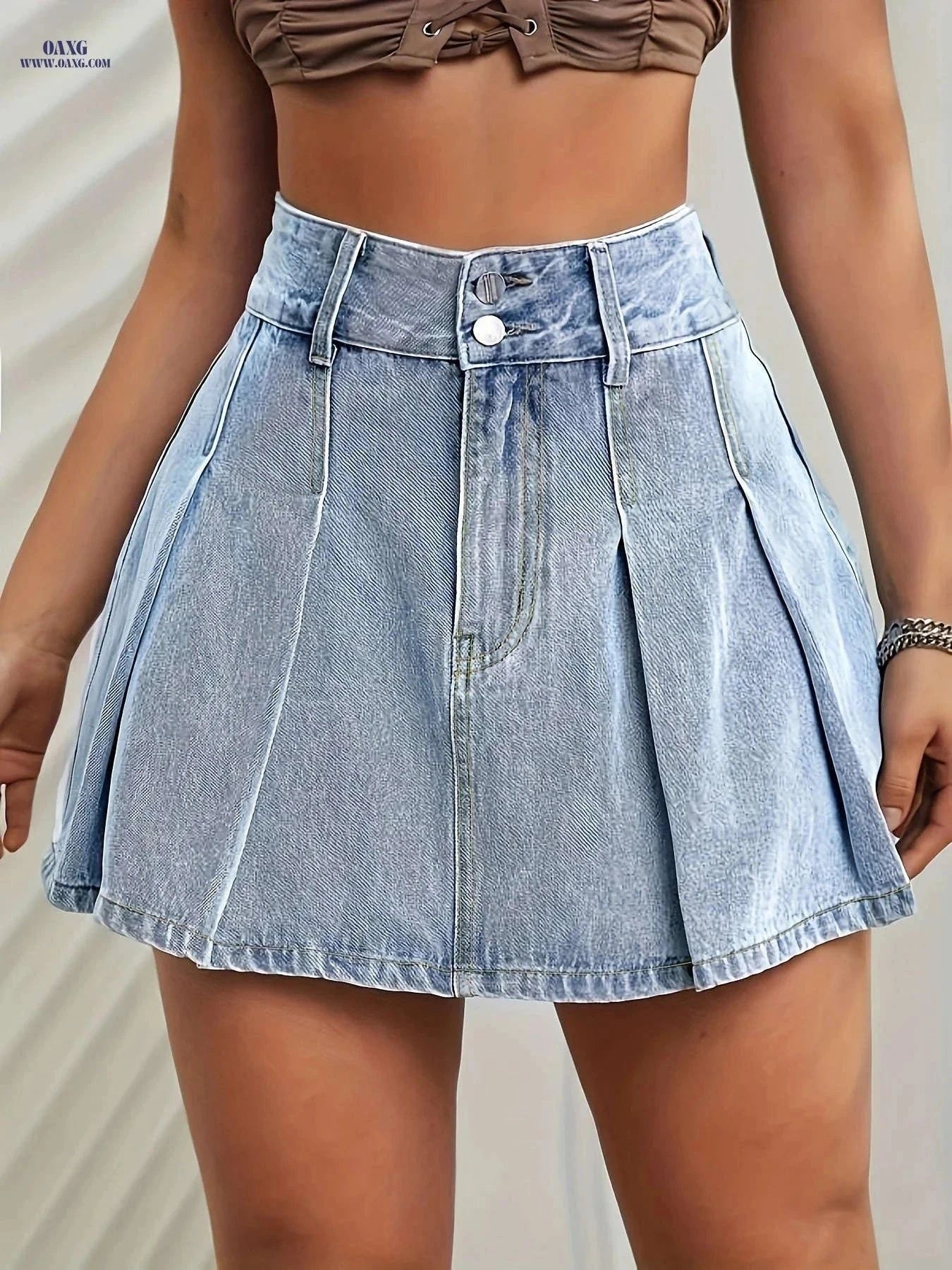 Elegant Denim Pleated Skirt - High Waist, Non-Stretch Rayon Style   OAXG Light Blue / S