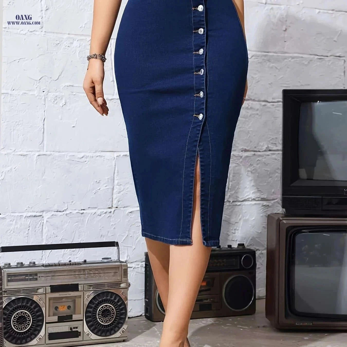 Elegant Denim Split Skirt - High Stretch, Perfect for Spring/Fall   OAXG Dark Blue / XS