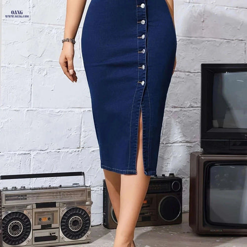 Elegant Denim Split Skirt - High Stretch, Perfect for Spring/Fall   OAXG Dark Blue / XS