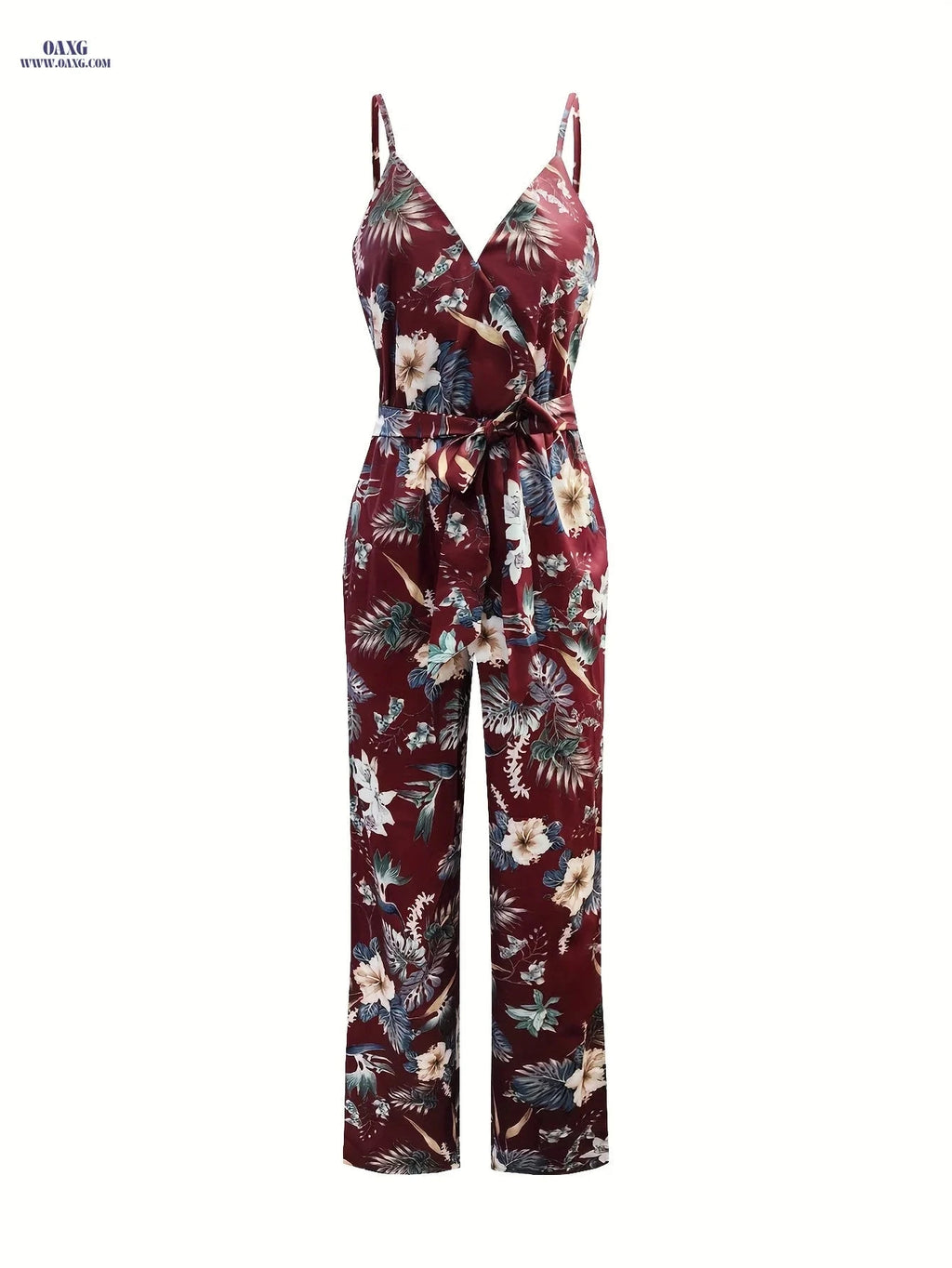 Elegant Directional Printed Jumpsuit - Floral Pattern, Strapless Design   OAXG Multicolor / M