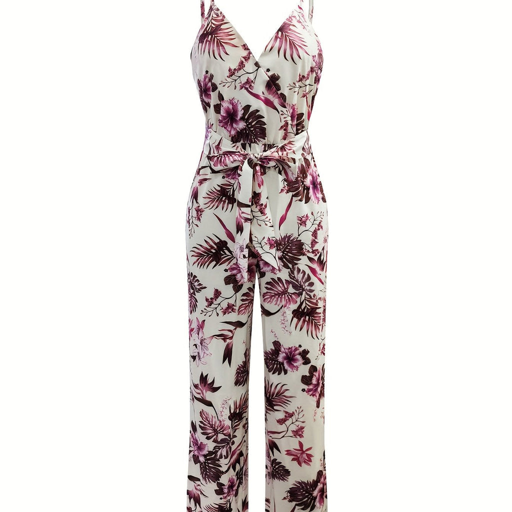 Elegant Directional Printed Jumpsuit - Floral Pattern, Strapless Design   OAXG Multicolor / M