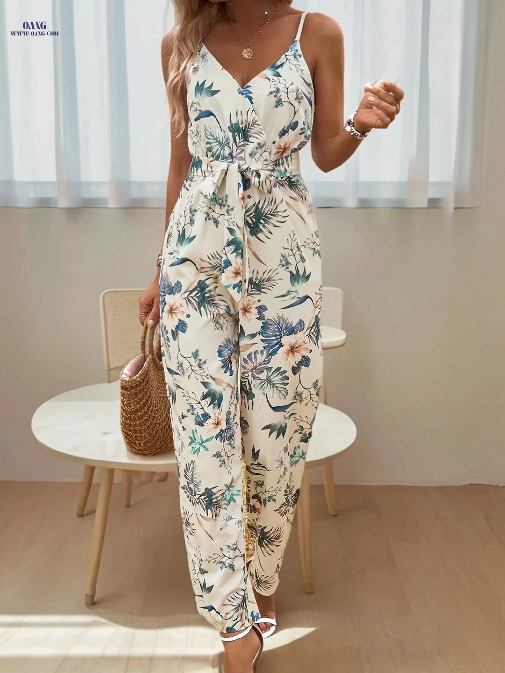 Elegant Directional Printed Jumpsuit - Floral Pattern, Strapless Design   OAXG Multicolor / M