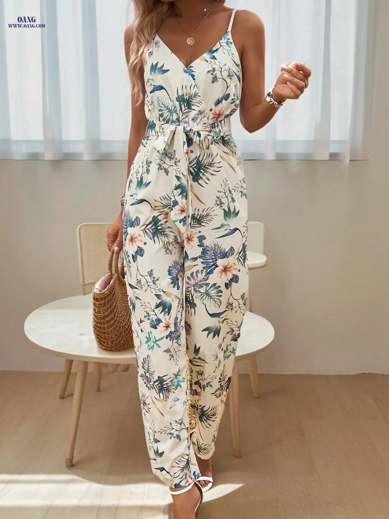 Elegant Directional Printed Jumpsuit - Floral Pattern, Strapless Design   OAXG Multicolor / M