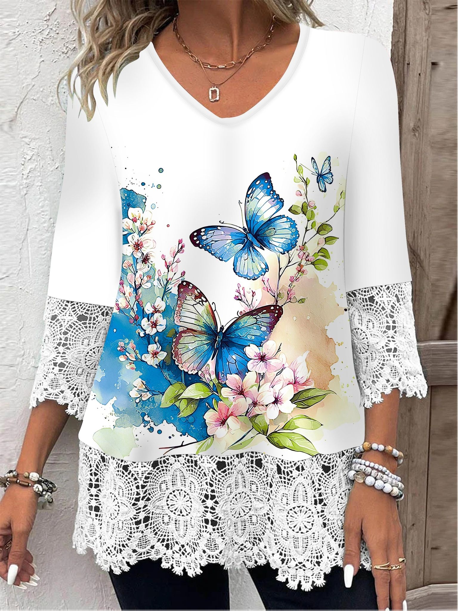 Elegant Directional Women'S Blue Butterfly Print Lace Trimmed Hem T-Shirt Fashion V-Neck Women'S Top Three-Quarter Sleeve   OAXG Mixed colors / S