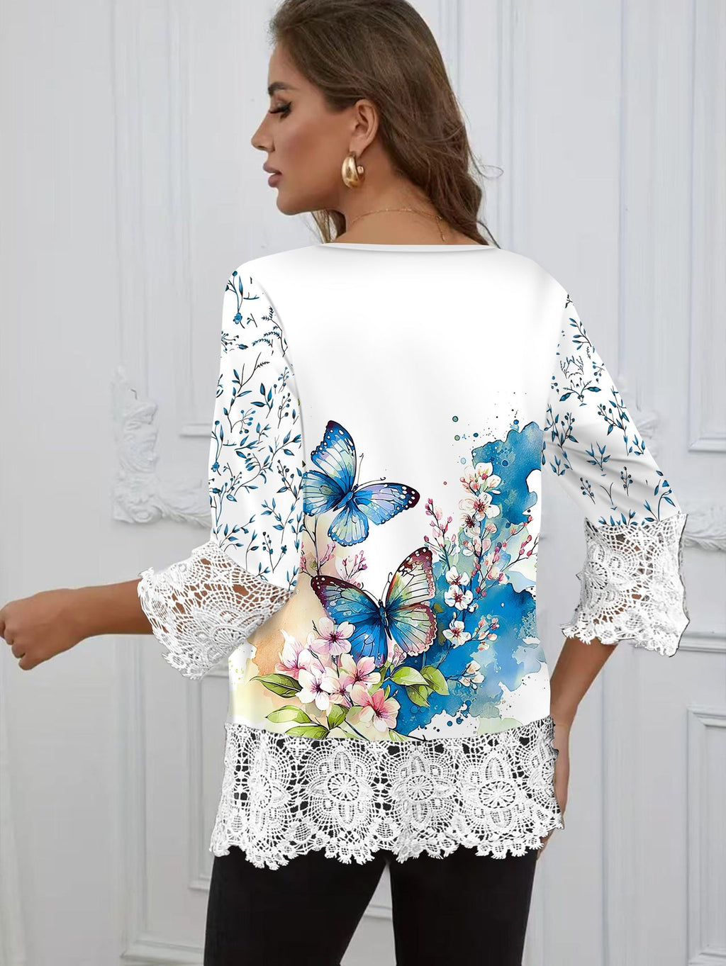 Elegant Directional Women'S Blue Butterfly Print Lace Trimmed Hem T-Shirt Fashion V-Neck Women'S Top Three-Quarter Sleeve   OAXG Mixed colors / S