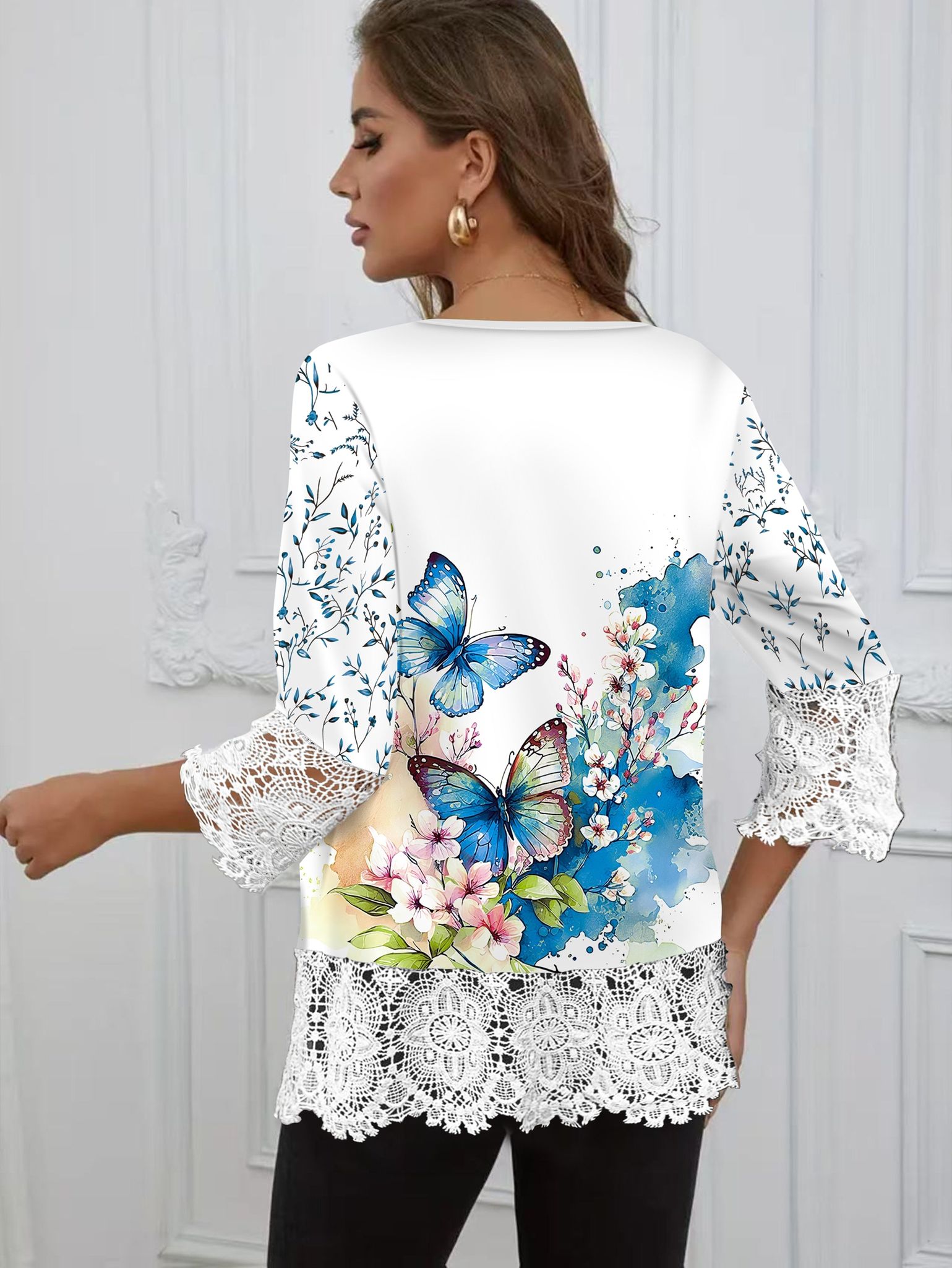 Elegant Directional Women'S Blue Butterfly Print Lace Trimmed Hem T-Shirt Fashion V-Neck Women'S Top Three-Quarter Sleeve   OAXG Mixed colors / S
