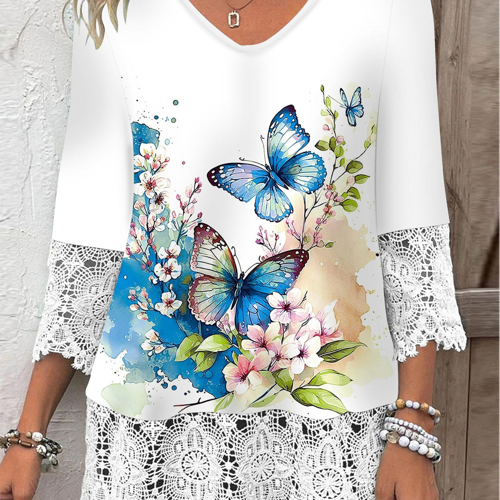 Elegant Directional Women'S Blue Butterfly Print Lace Trimmed Hem T-Shirt Fashion V-Neck Women'S Top Three-Quarter Sleeve   OAXG Mixed colors / S