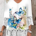 Elegant Directional Women'S Blue Butterfly Print Lace Trimmed Hem T-Shirt Fashion V-Neck Women'S Top Three-Quarter Sleeve   OAXG Mixed colors / S