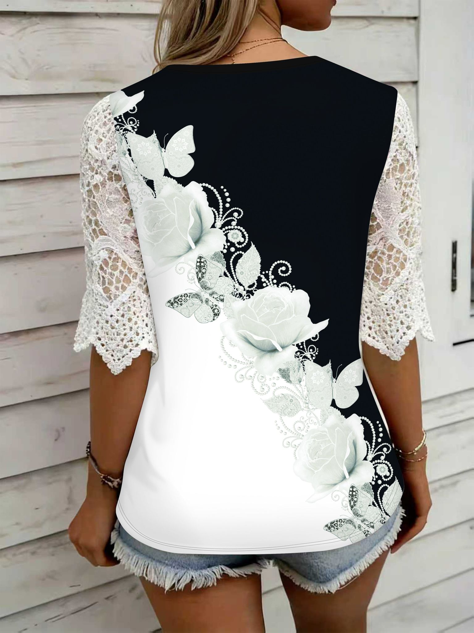 Elegant Directional Women'S V-Neck Lace Print T-Shirt Fashion Floral Print Pocket Top   OAXG Mixed colors / S