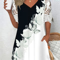 Elegant Directional Women'S V-Neck Lace Print T-Shirt Fashion Floral Print Pocket Top   OAXG Mixed colors / S
