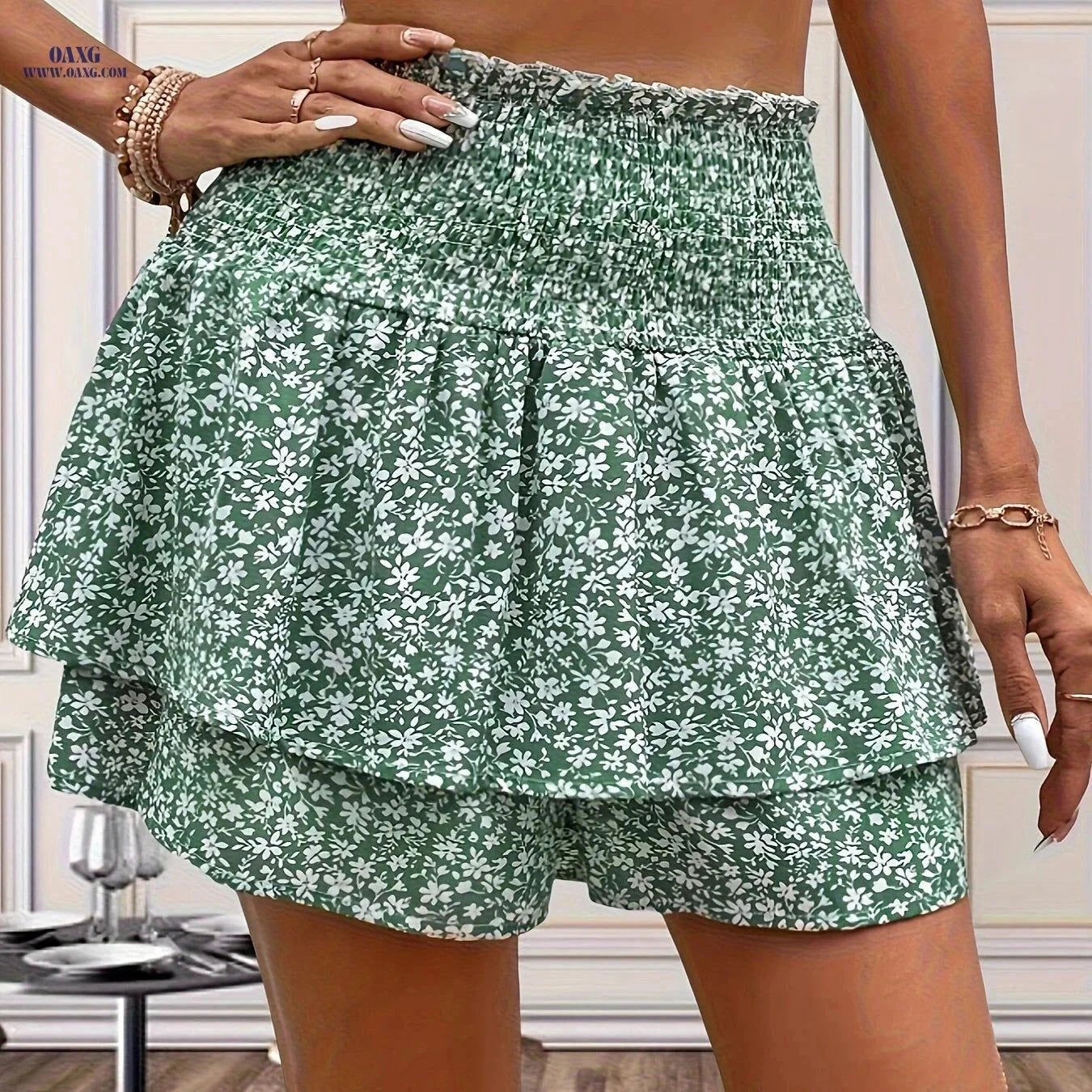 Elegant Ditsy Floral Layered Skirt - Casual Fit for All Seasons   OAXG Light Green / S
