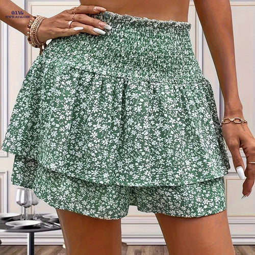 Elegant Ditsy Floral Layered Skirt - Casual Fit for All Seasons   OAXG Light Green / S
