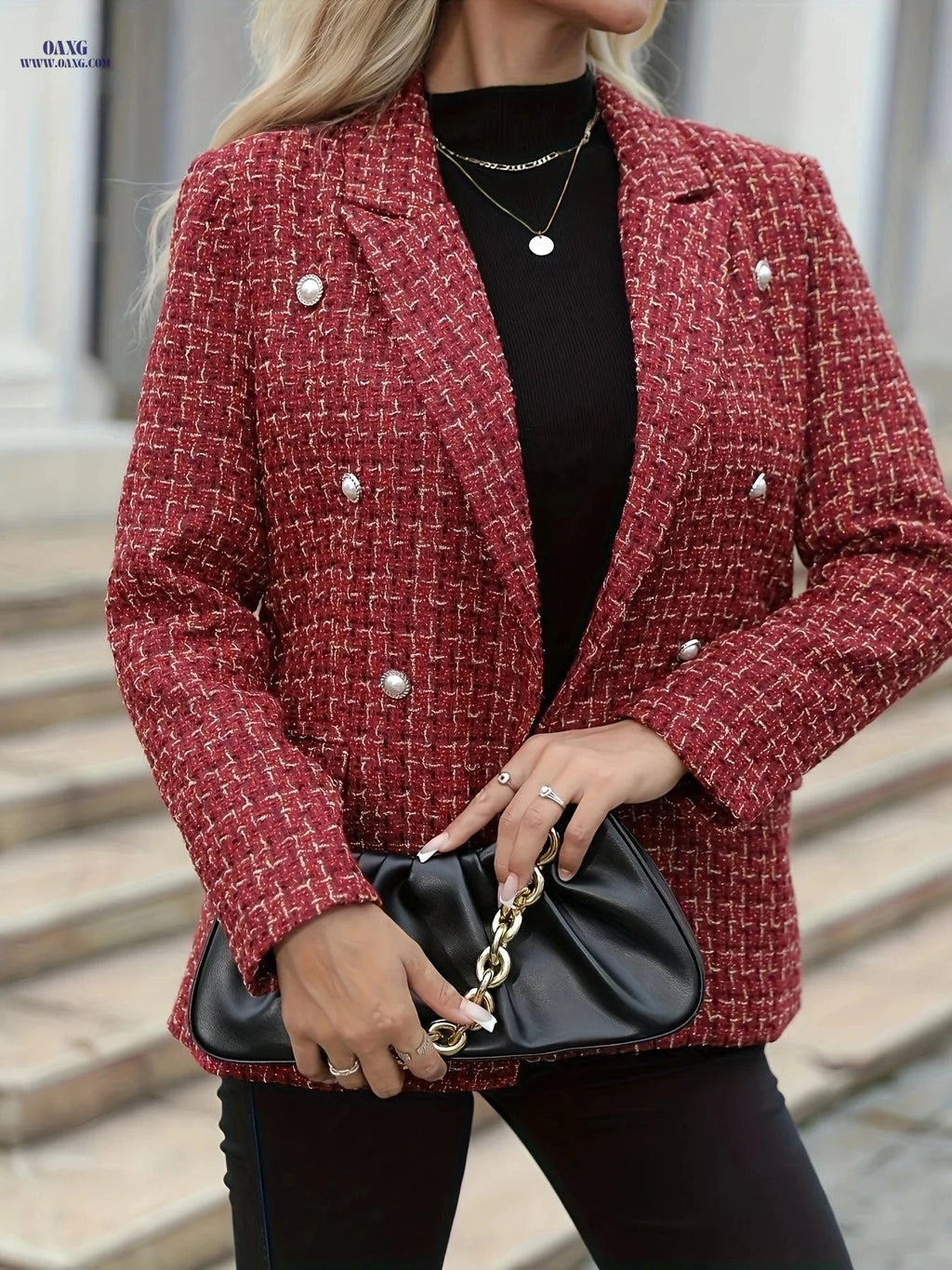 Elegant Double-Breasted Checkered Suit Jacket - Spring/Fall Ready   OAXG 