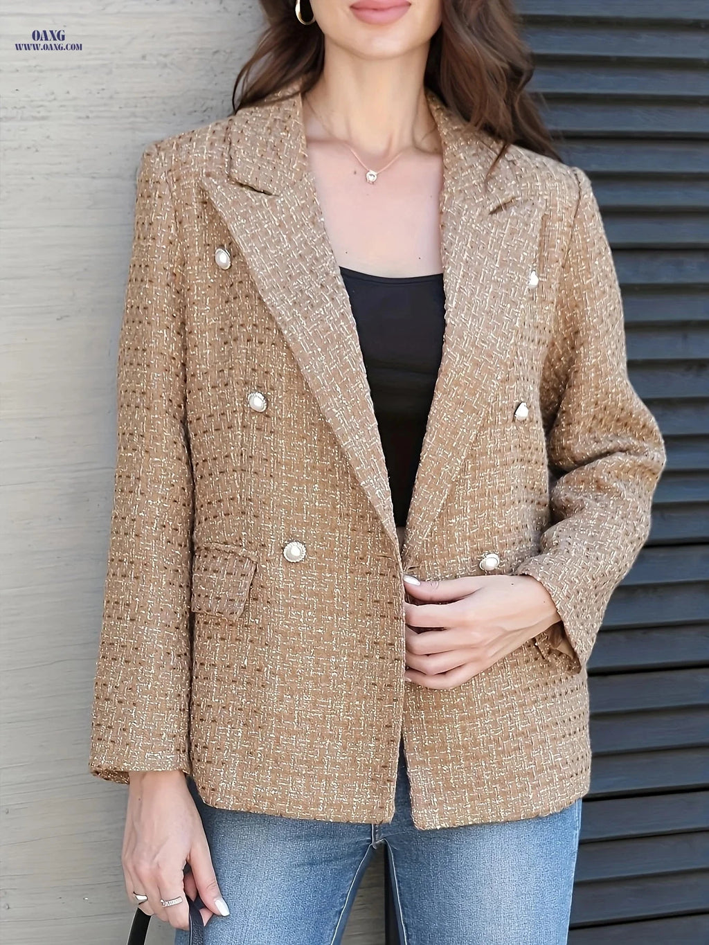 Elegant Double-Breasted Checkered Suit Jacket - Spring/Fall Ready   OAXG 
