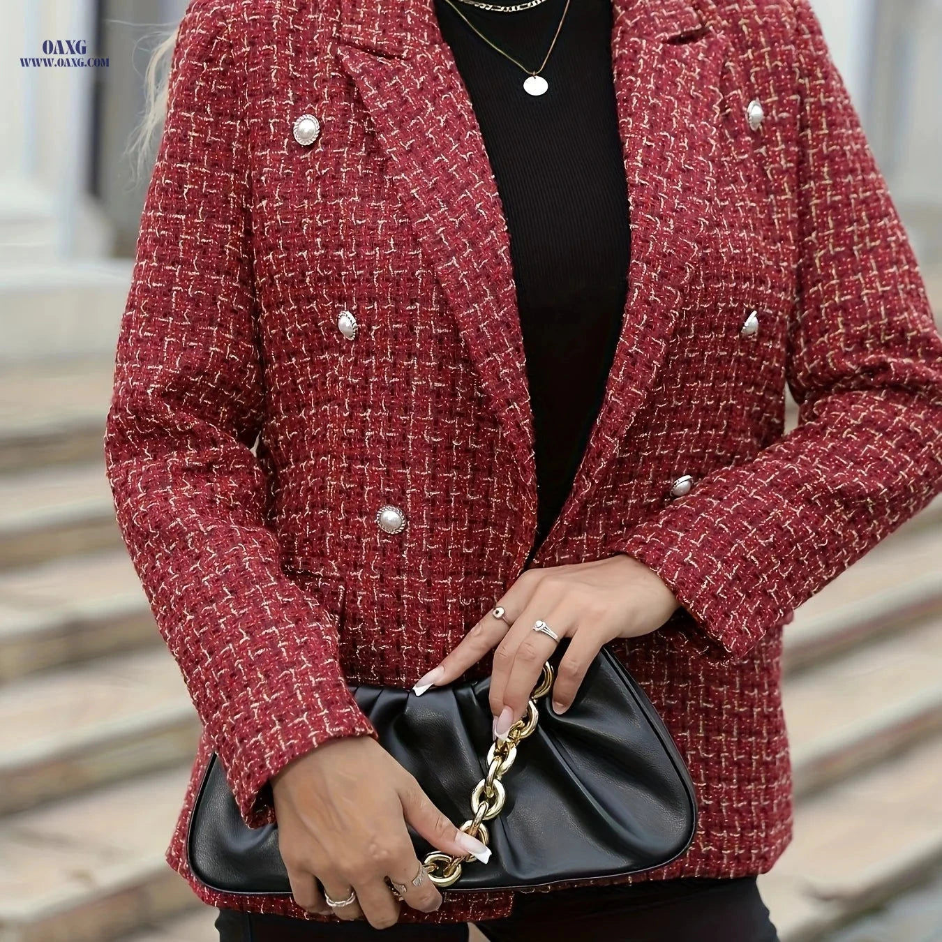 Elegant Double-Breasted Checkered Suit Jacket - Spring/Fall Ready   OAXG 
