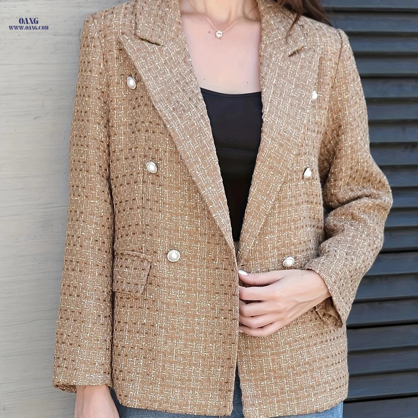 Elegant Double-Breasted Checkered Suit Jacket - Spring/Fall Ready   OAXG 