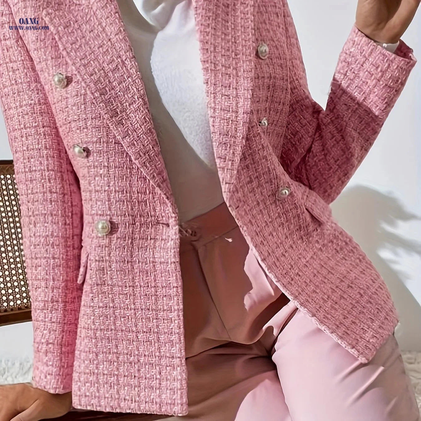 Elegant Double-Breasted Checkered Suit Jacket - Spring/Fall Ready   OAXG Pink / S
