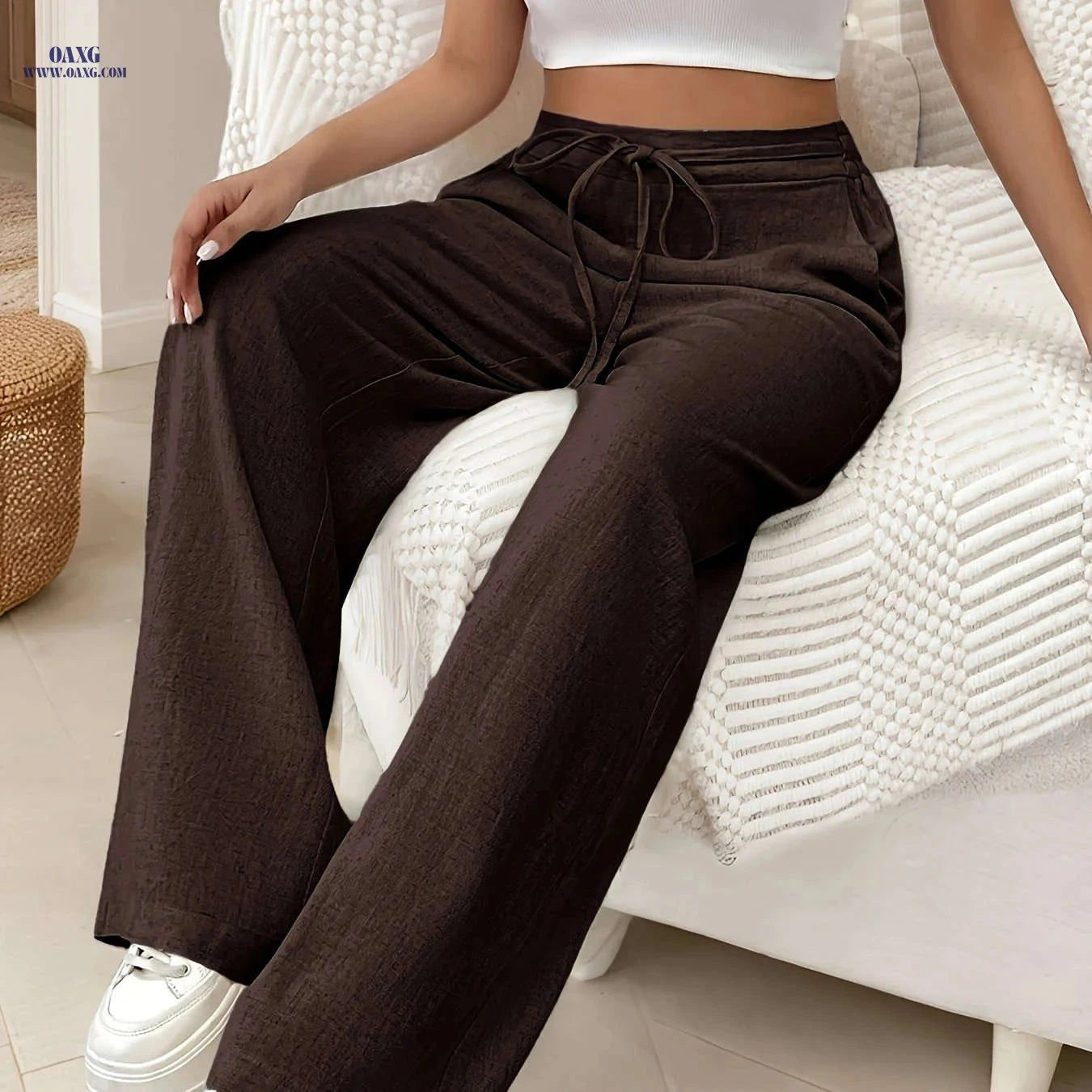 Elegant Drawstring Women's Long Pants - All-Season Woven Style   OAXG 