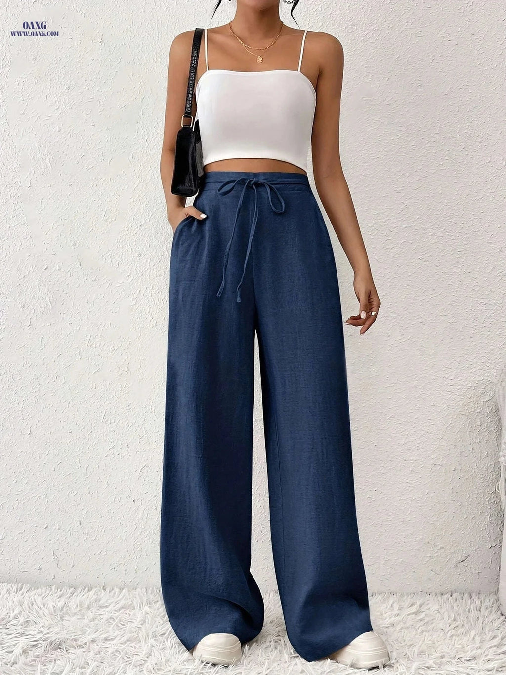 Elegant Drawstring Women's Long Pants - All-Season Woven Style   OAXG 
