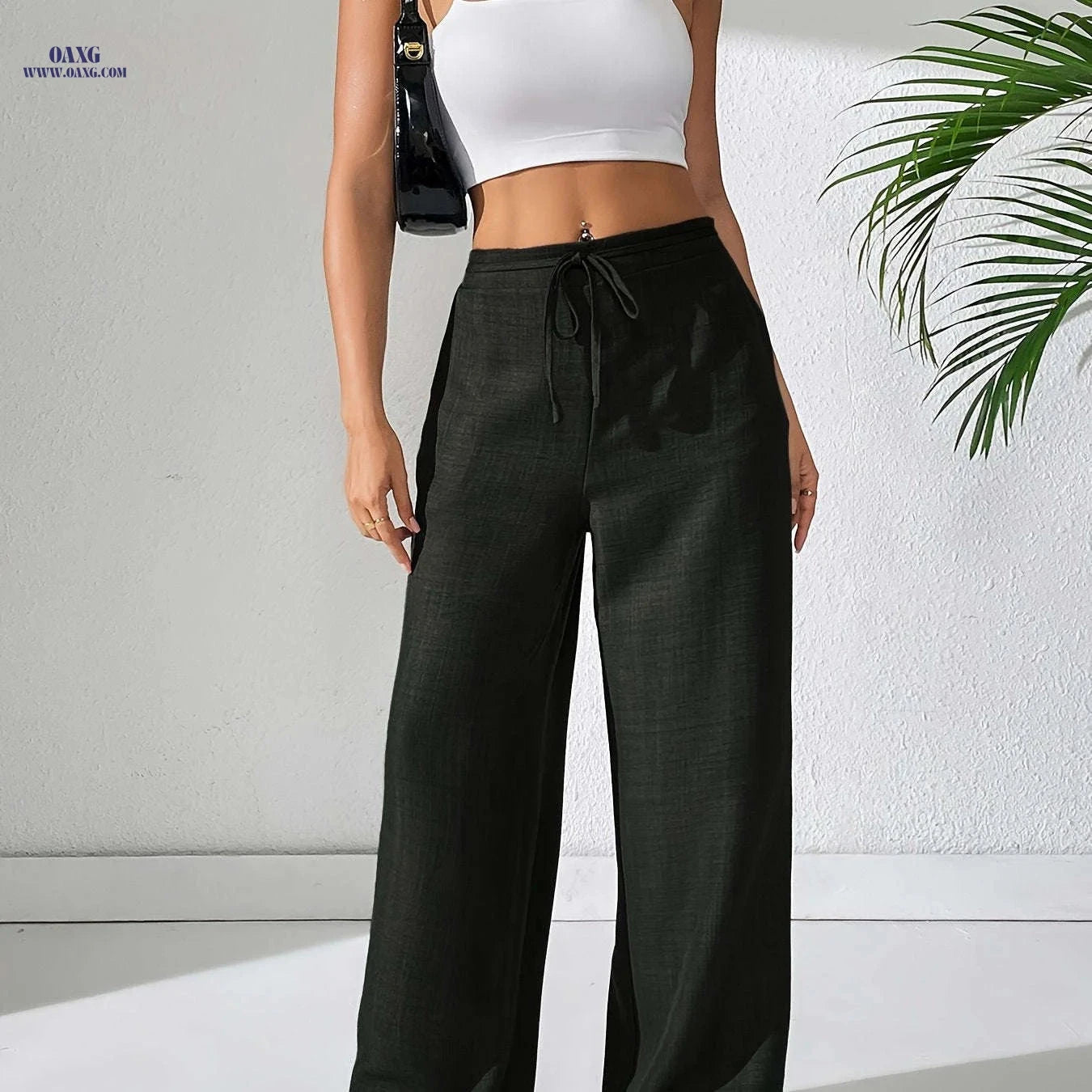 Elegant Drawstring Women's Long Pants - All-Season Woven Style   OAXG 