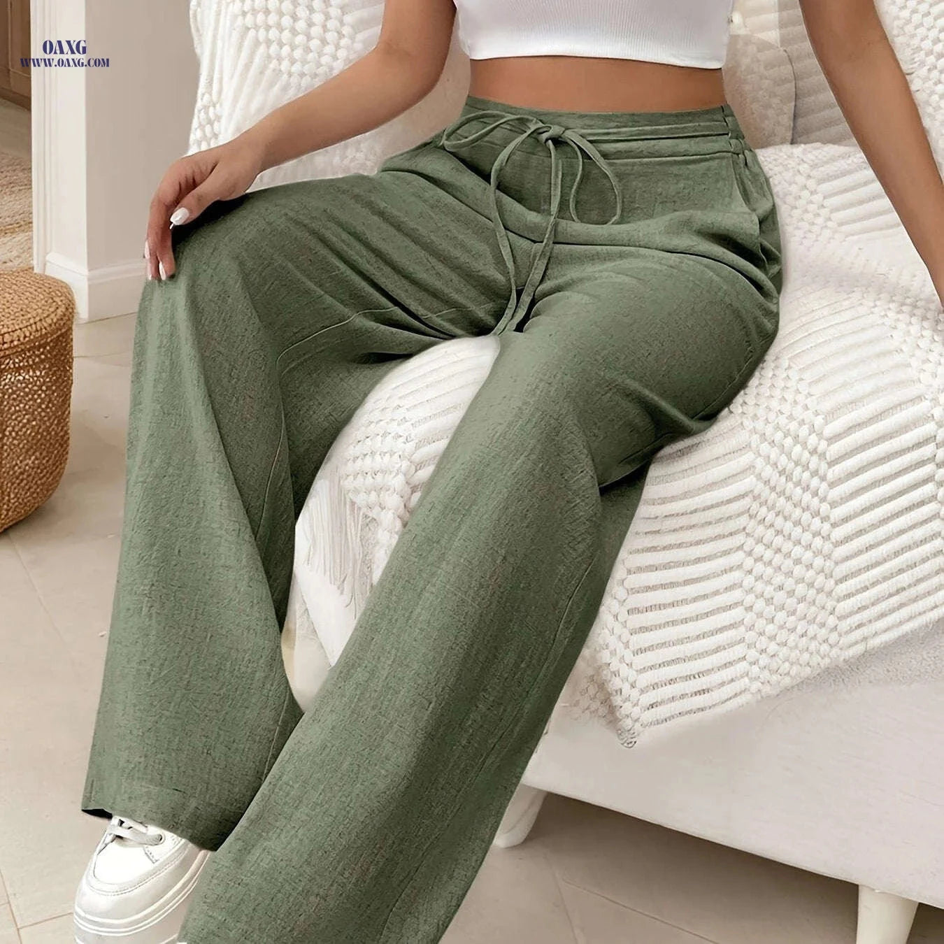 Elegant Drawstring Women's Long Pants - All-Season Woven Style   OAXG 