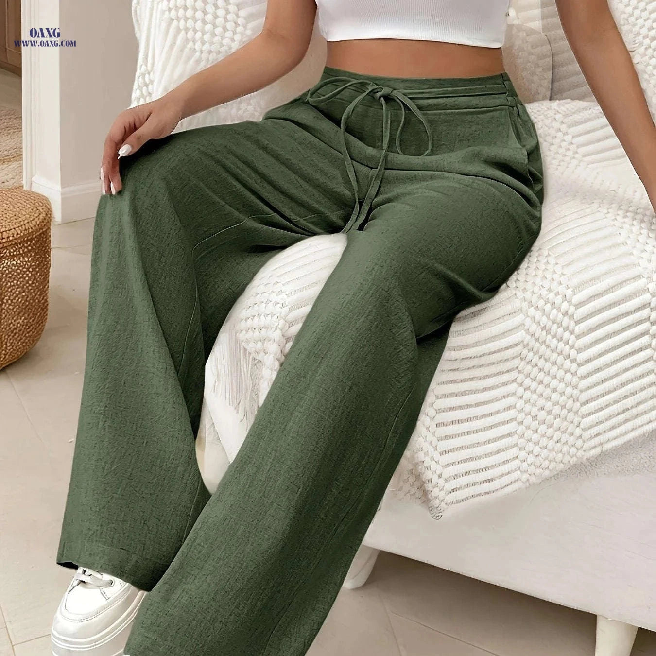 Elegant Drawstring Women's Long Pants - All-Season Woven Style   OAXG 