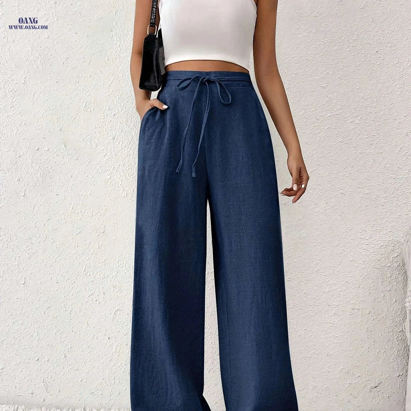 Elegant Drawstring Women's Long Pants - All-Season Woven Style   OAXG 