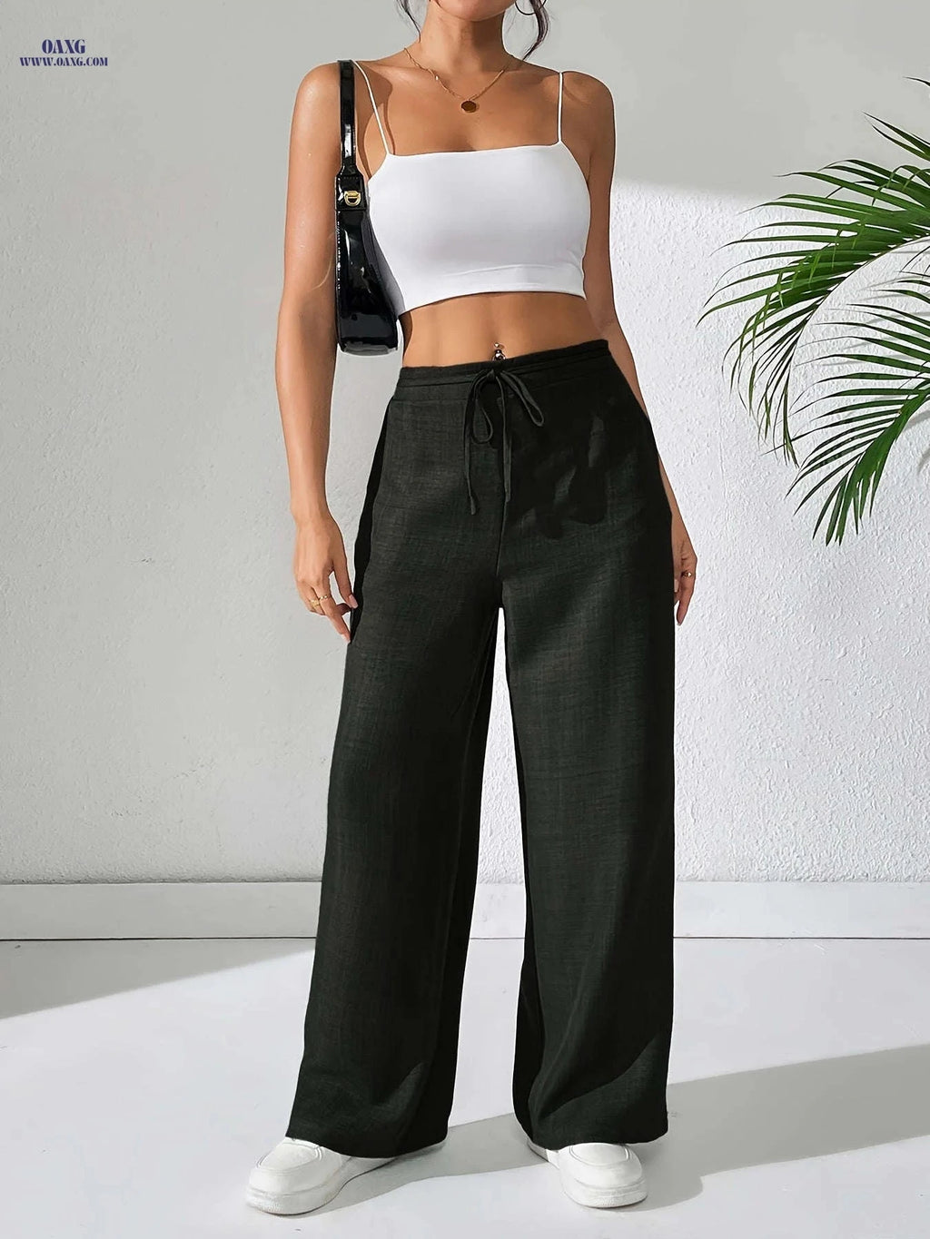 Elegant Drawstring Women's Long Pants - All-Season Woven Style   OAXG 