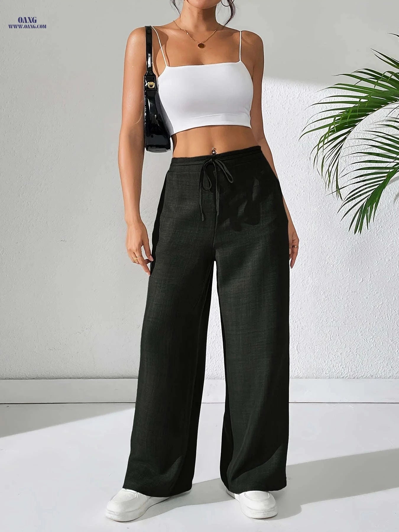 Elegant Drawstring Women's Long Pants - All-Season Woven Style   OAXG 