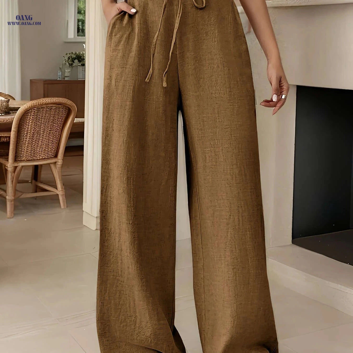 Elegant Drawstring Women's Long Pants - All-Season Woven Style   OAXG Blue / XS