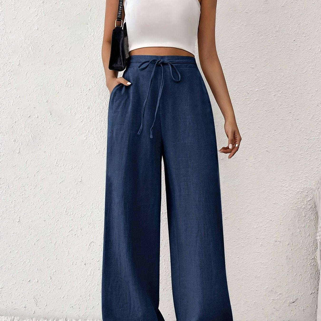 Elegant Drawstring Women's Long Pants - All-Season Woven Style   OAXG Blue / XS
