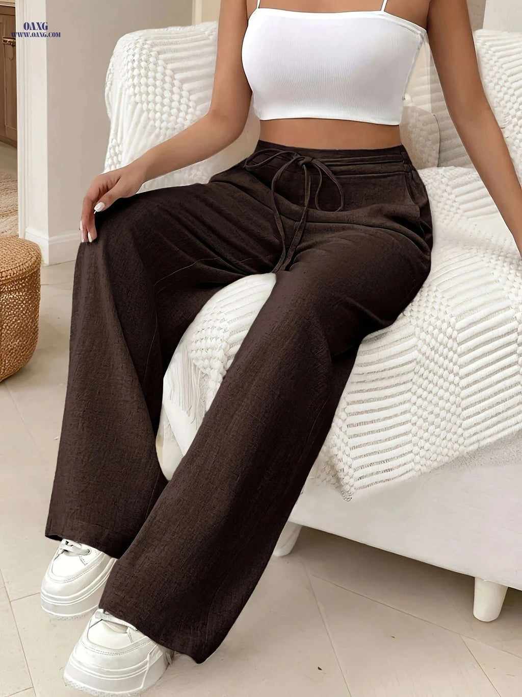 Elegant Drawstring Women's Long Pants - All-Season Woven Style   OAXG 
