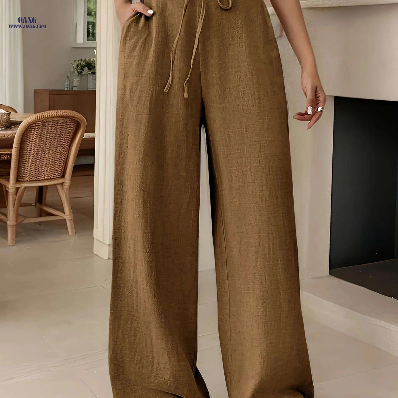 Elegant Drawstring Women's Long Pants - All-Season Woven Style   OAXG 