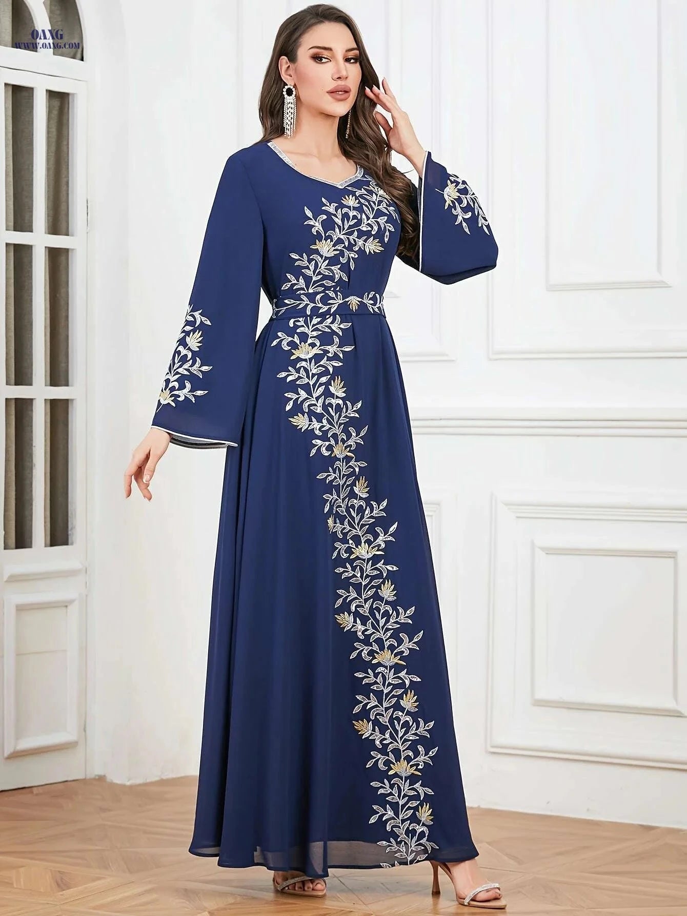 Elegant Embroidered Abaya Dress - Loose Fit, Polyester for Women   OAXG Yellow / M