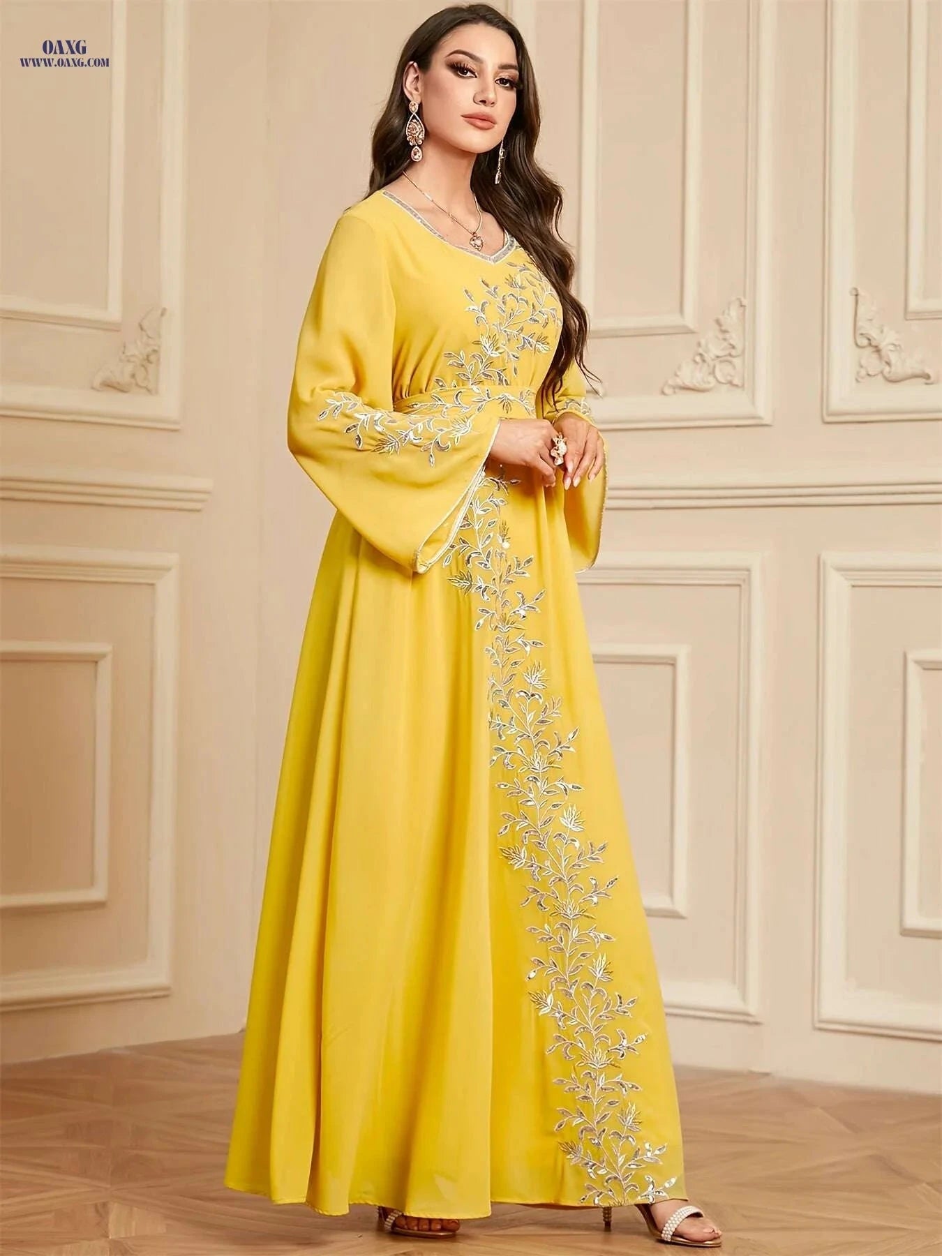Elegant Embroidered Abaya Dress - Loose Fit, Polyester for Women   OAXG Yellow / M