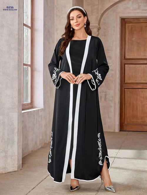 Elegant Embroidered Black Abaya - Geometric Pattern for Women   OAXG 