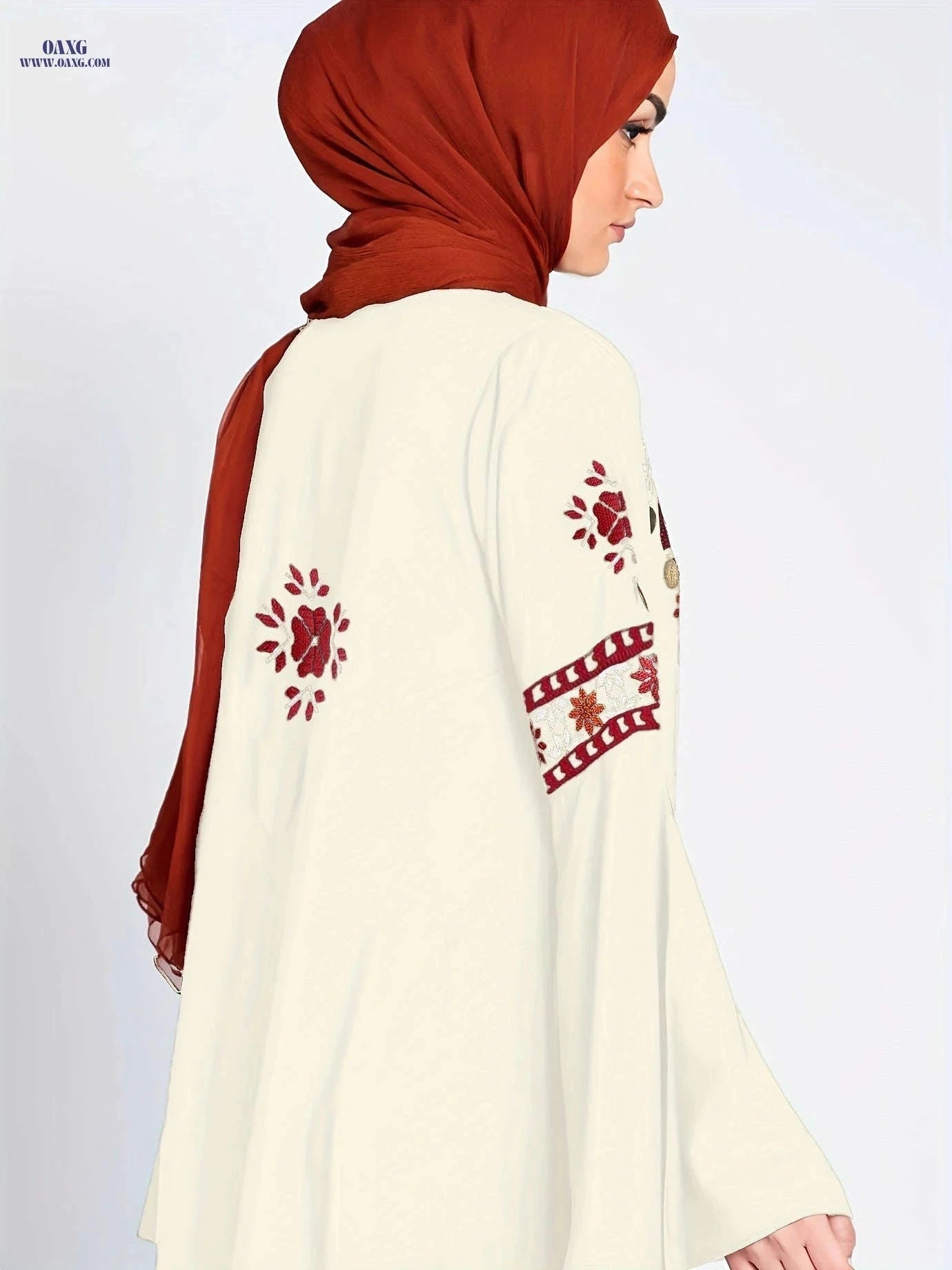 Elegant Embroidered Kaftan Dress - Middle Eastern Floral Patterns   OAXG 