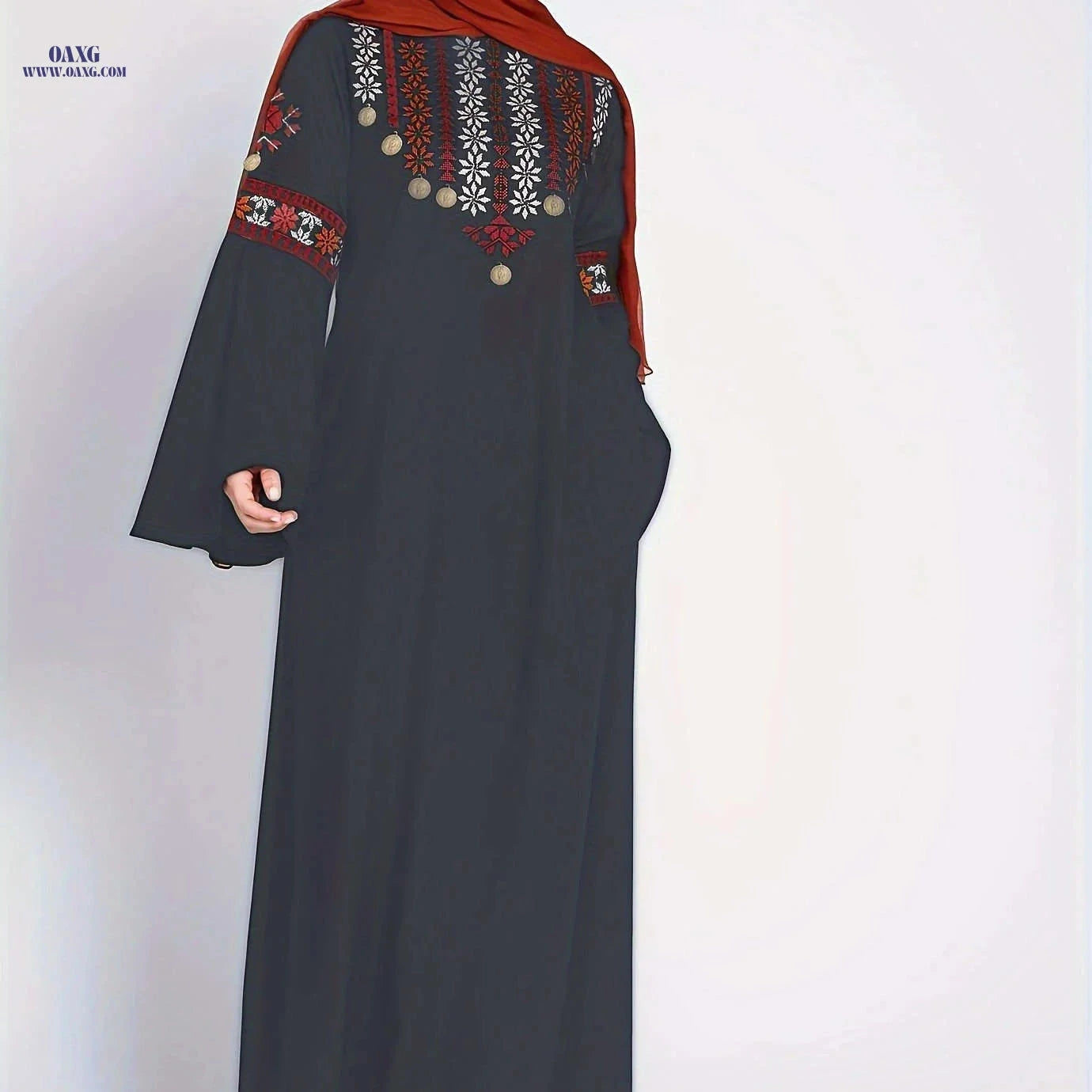 Elegant Embroidered Kaftan Dress - Middle Eastern Floral Patterns   OAXG 