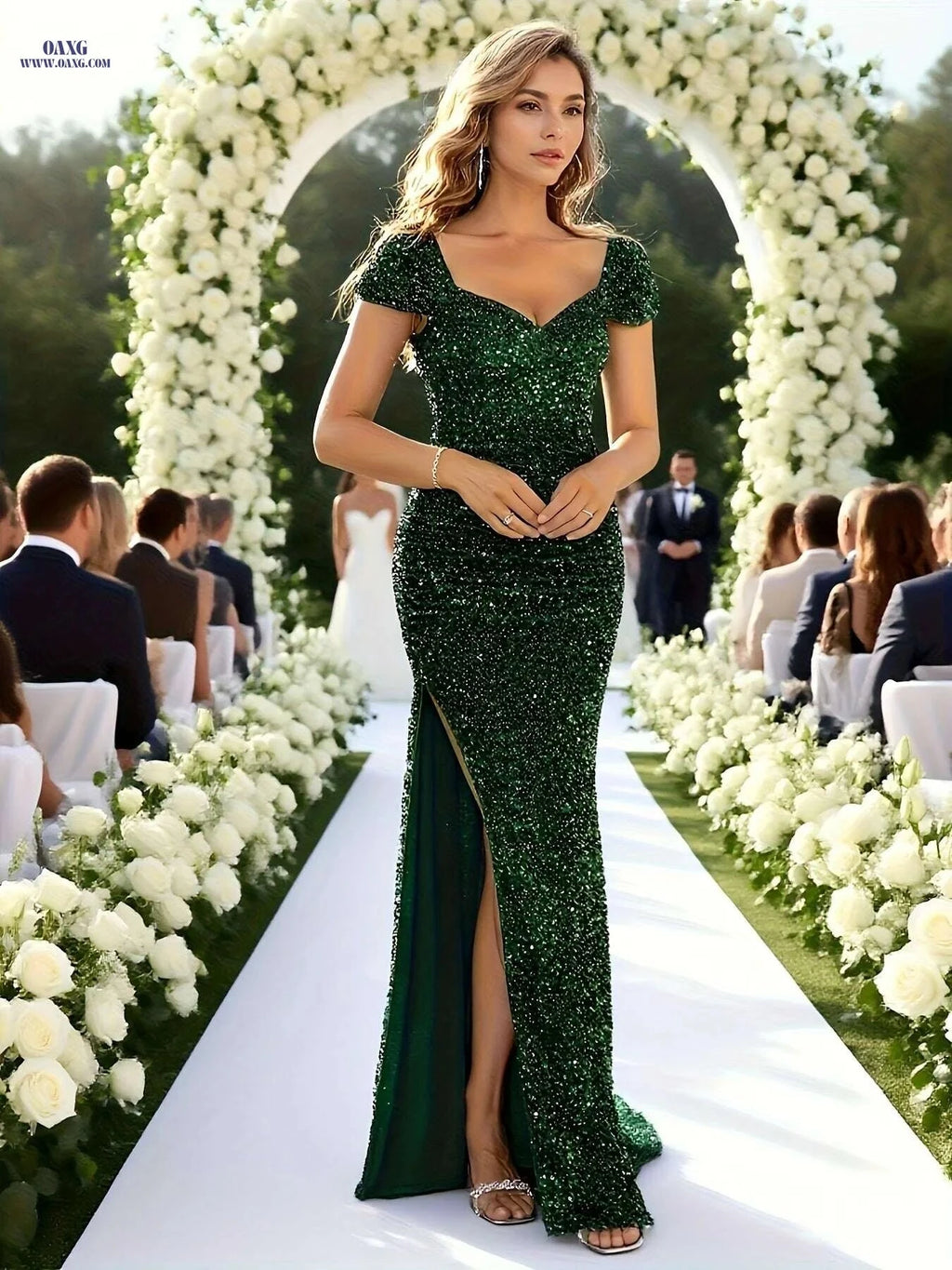 Elegant Emerald Green Sequin Gown - Long Sleeve A-Line Dress   OAXG 