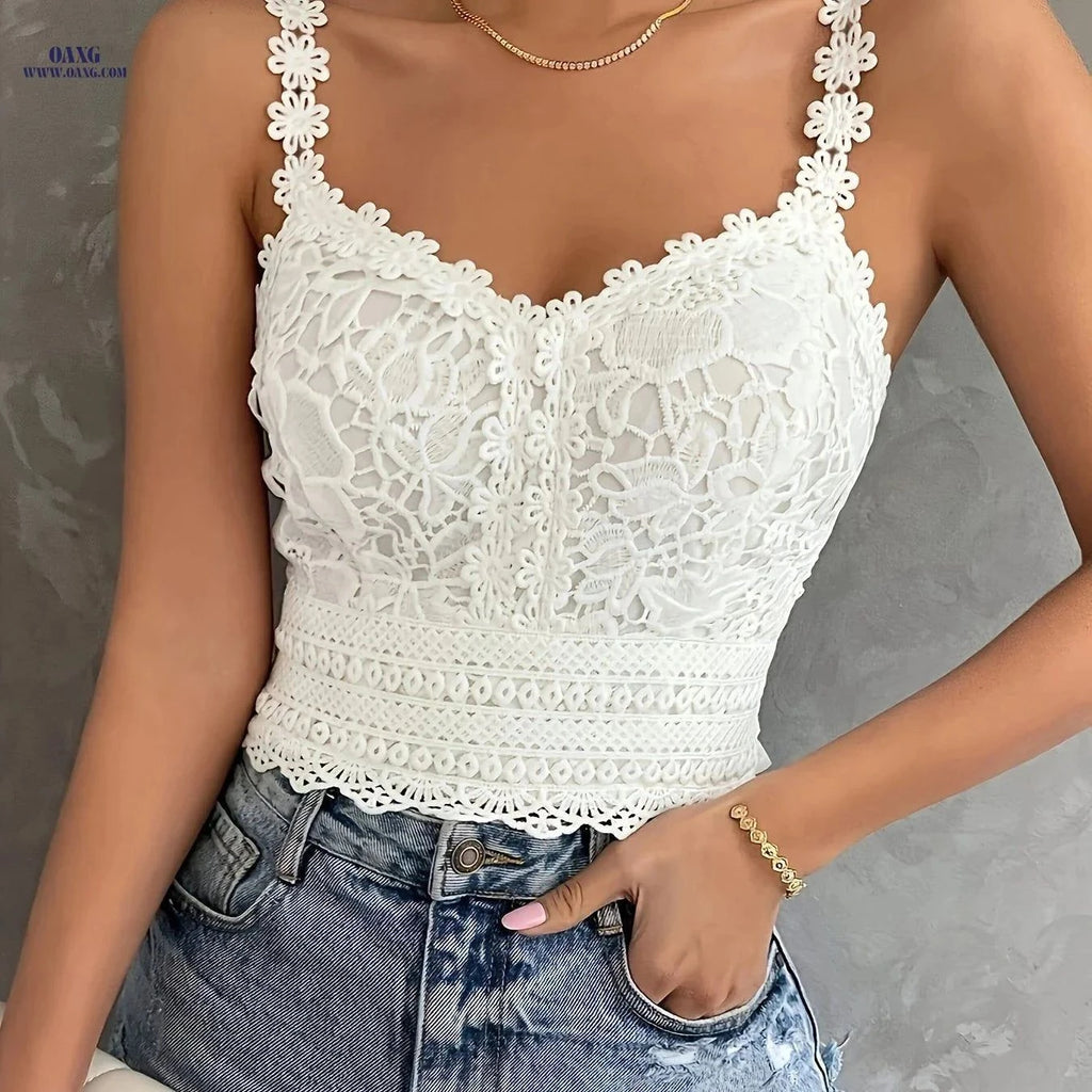 Elegant Fashion Lace Women's Tank Top - Semi-Sheer Polyester Style   OAXG Beige / S