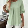 Elegant Fashion Summer Loose Solid Round Neck Button-Up Shirt Flared Sleeve Ruffle Top   OAXG Light Green / Asian S