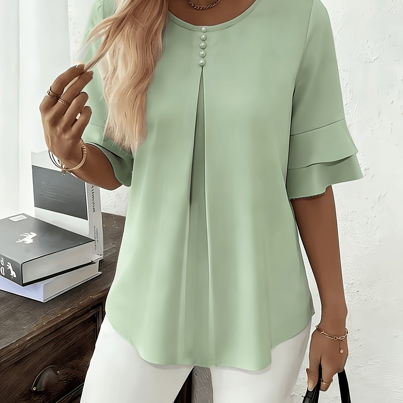 Elegant Fashion Summer Loose Solid Round Neck Button-Up Shirt Flared Sleeve Ruffle Top   OAXG Light Green / Asian S