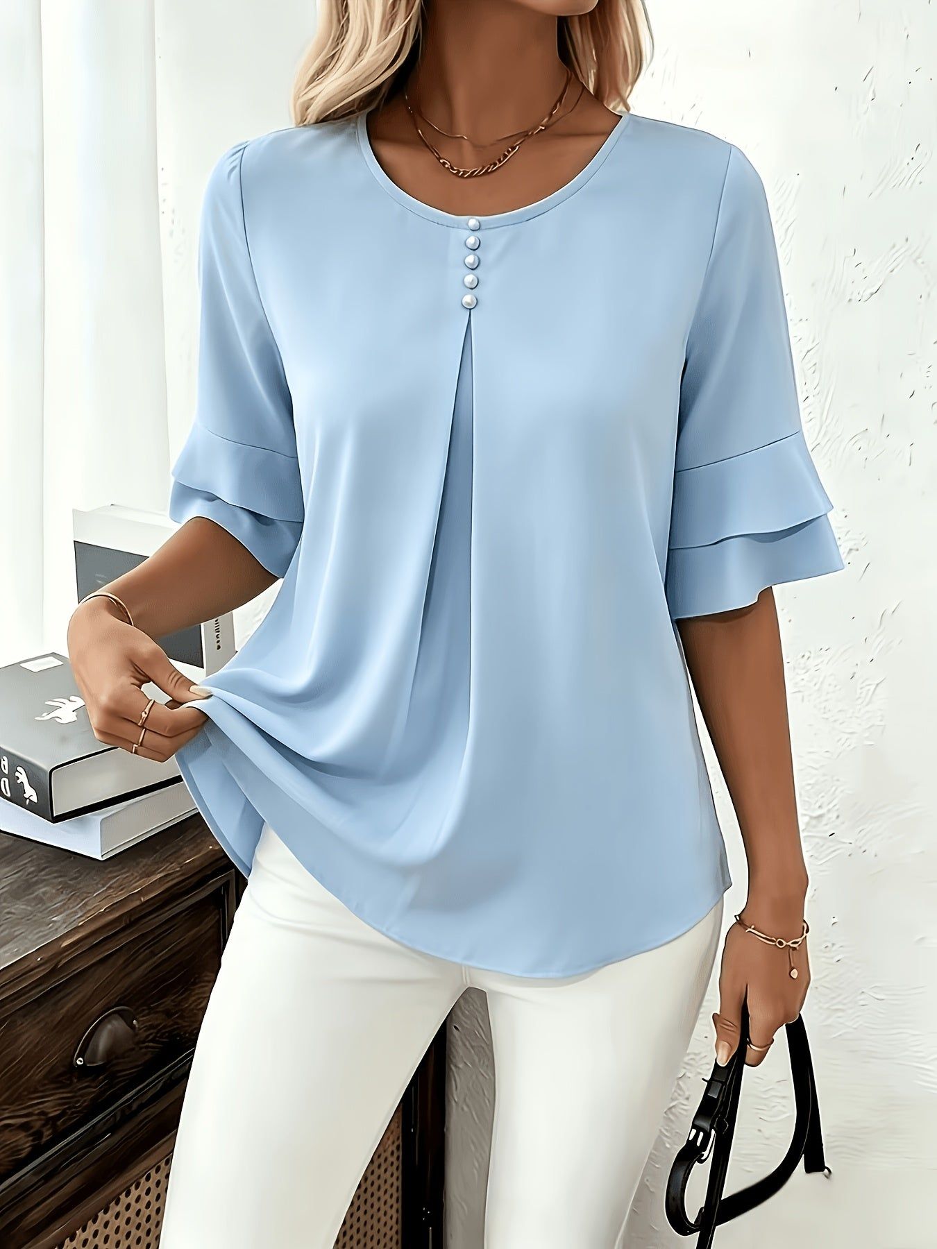 Elegant Fashion Summer Loose Solid Round Neck Button-Up Shirt Flared Sleeve Ruffle Top   OAXG Light Green / Asian S