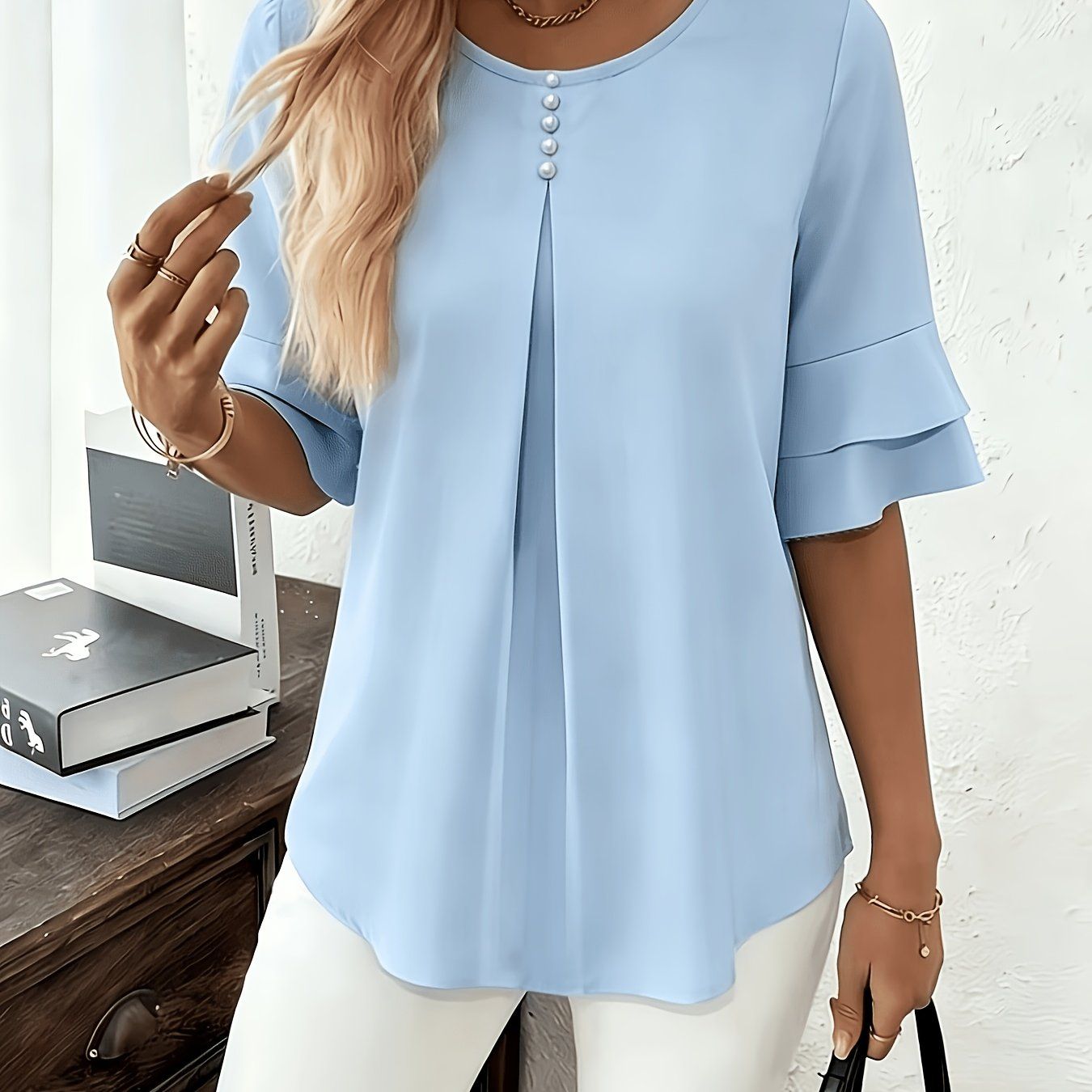Elegant Fashion Summer Loose Solid Round Neck Button-Up Shirt Flared Sleeve Ruffle Top   OAXG Light Green / Asian S