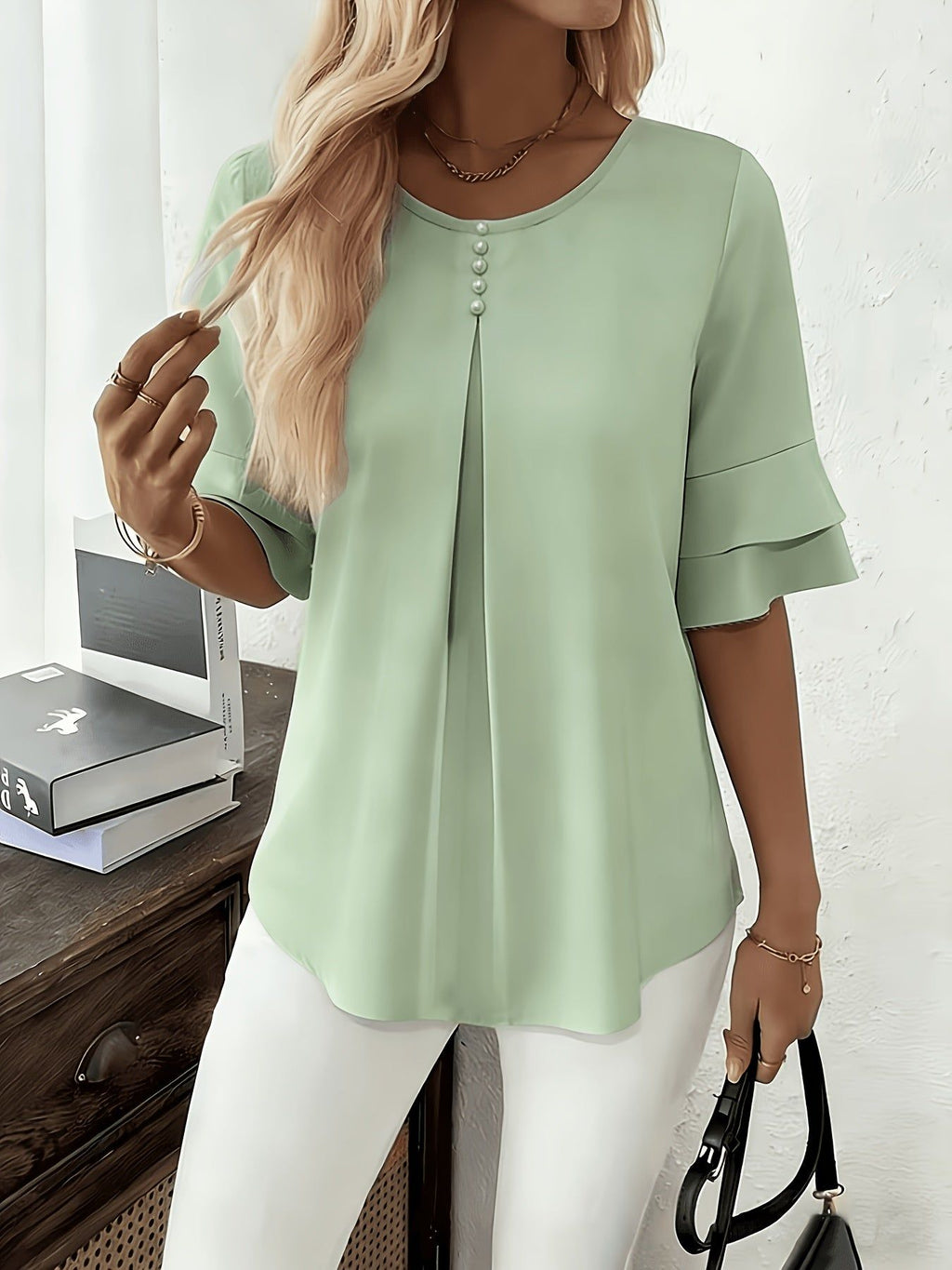 Elegant Fashion Summer Loose Solid Round Neck Button-Up Shirt Flared Sleeve Ruffle Top   OAXG Light Green / Asian S