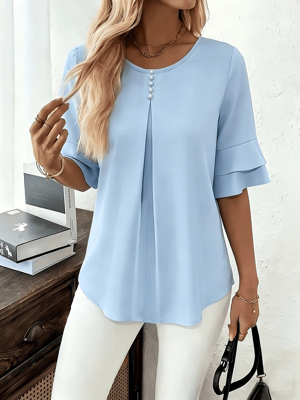 Elegant Fashion Summer Loose Solid Round Neck Button-Up Shirt Flared Sleeve Ruffle Top   OAXG Light Green / Asian S