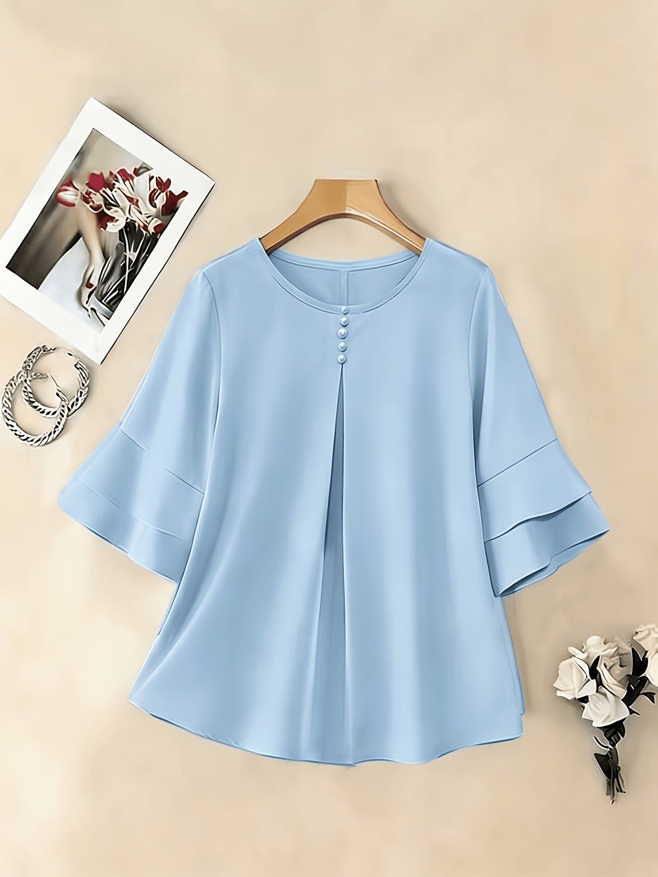 Elegant Fashion Summer Loose Solid Round Neck Button-Up Shirt Flared Sleeve Ruffle Top   OAXG Light Green / Asian S