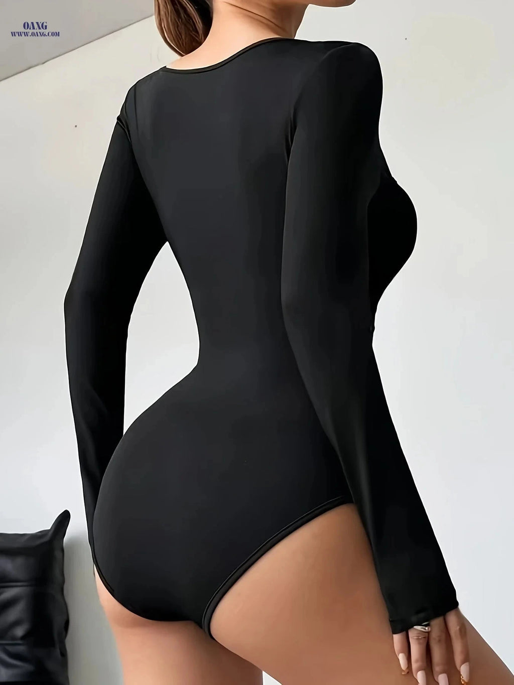 Elegant Fitted Long-Sleeve Top - Square Neckline for Women   OAXG Black / S