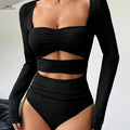 Elegant Fitted Long-Sleeve Top - Square Neckline for Women   OAXG Black / S